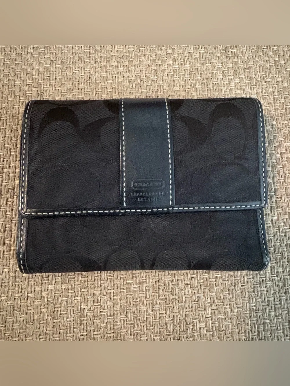 Vintage Coach Black Signature C Tri Fold Wallet Jacquard &Leather Trim Y2K